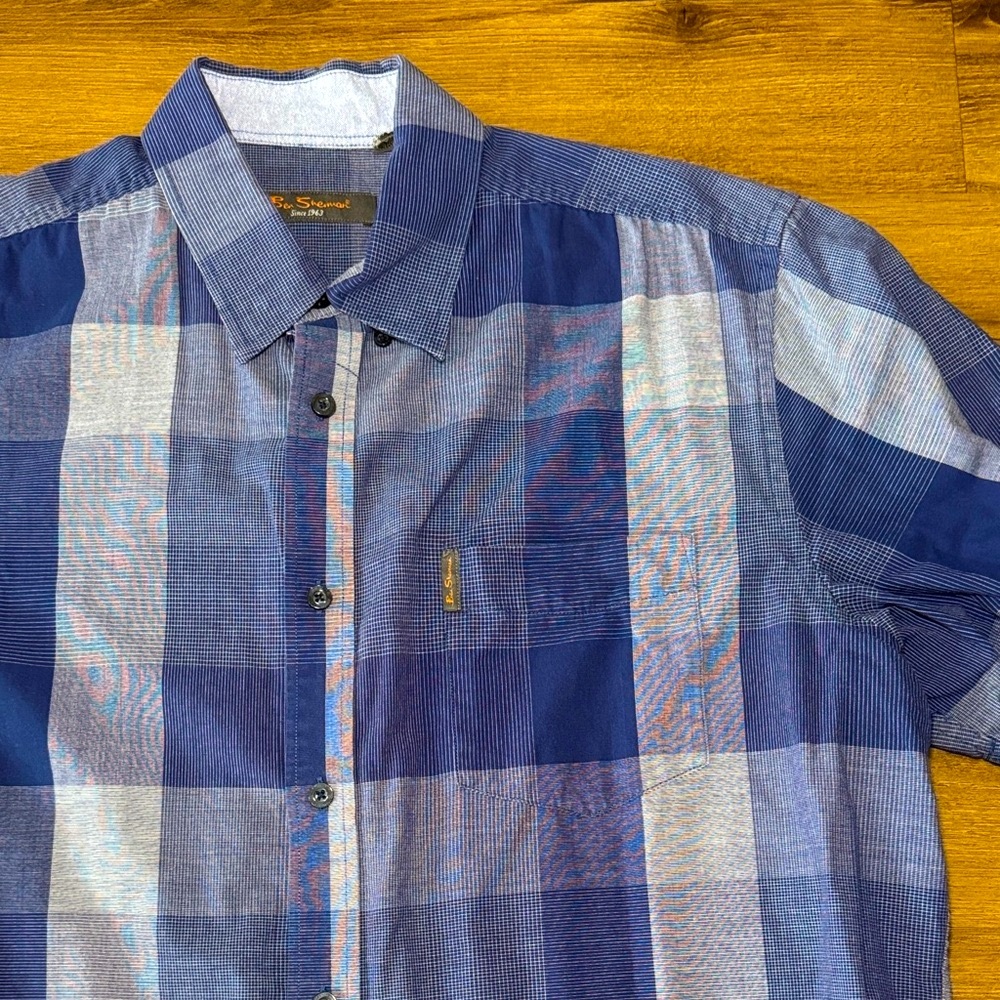 Men's Ben Sherman Navy Short Sleeve Button Down Checkered Shirt. Size XL - Picture 2 of 5